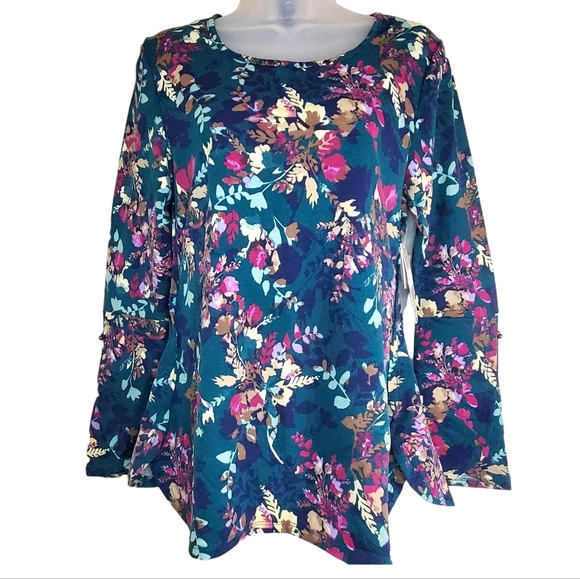 Crochet Floral Dark Green Long Sleeve Top Medium - Picture 1 of 12